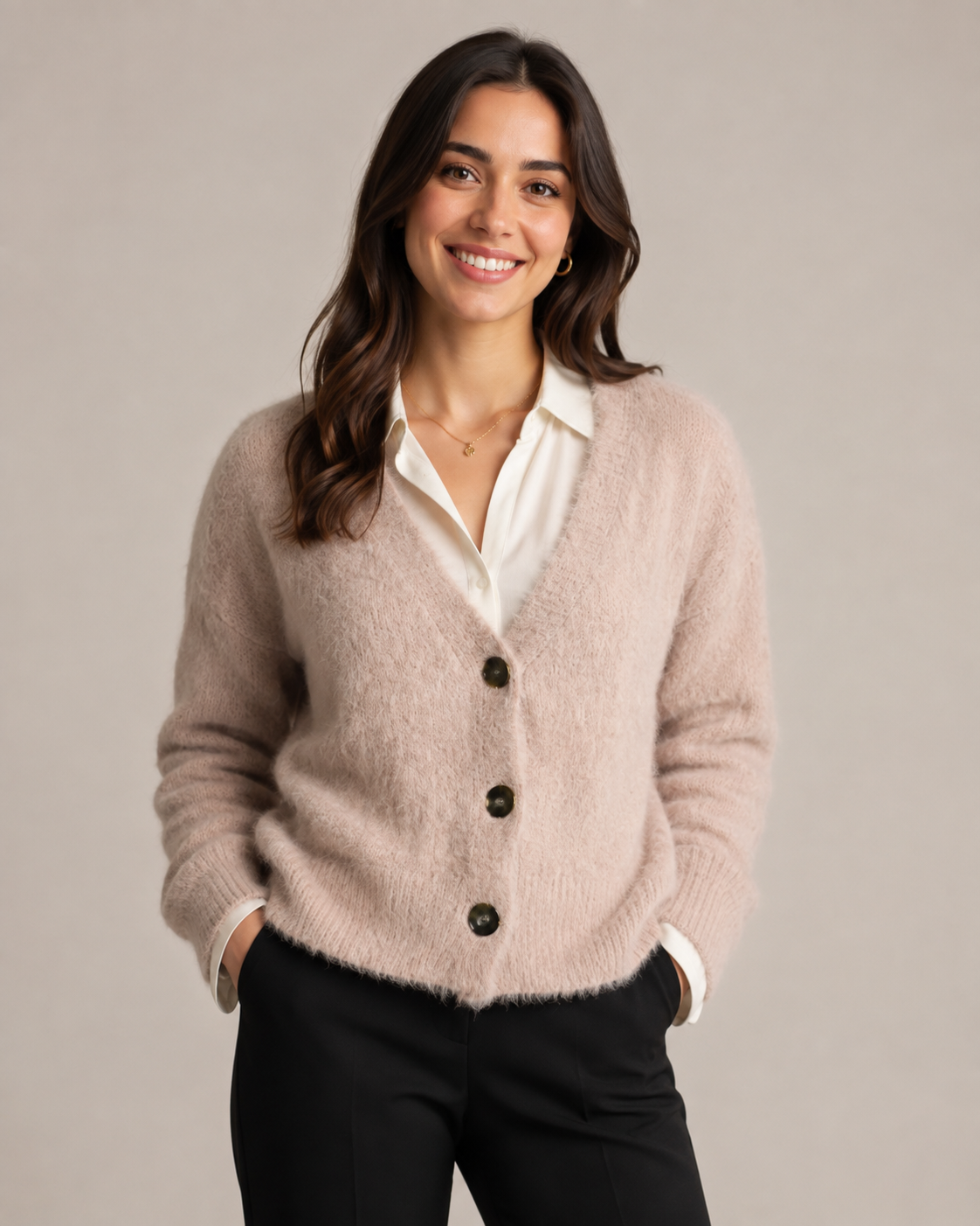  PRIMARK Women’s Fuzzy Knit Cardigan in a soft beige-pink shade. Featuring a V-neck, button front and cozy textured knit, perfect for smart and casual outfits.