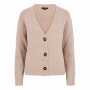  PRIMARK Women’s Fuzzy Knit Cardigan in a soft beige-pink shade. Featuring a V-neck, button front and cozy textured knit, perfect for smart and casual outfits.
