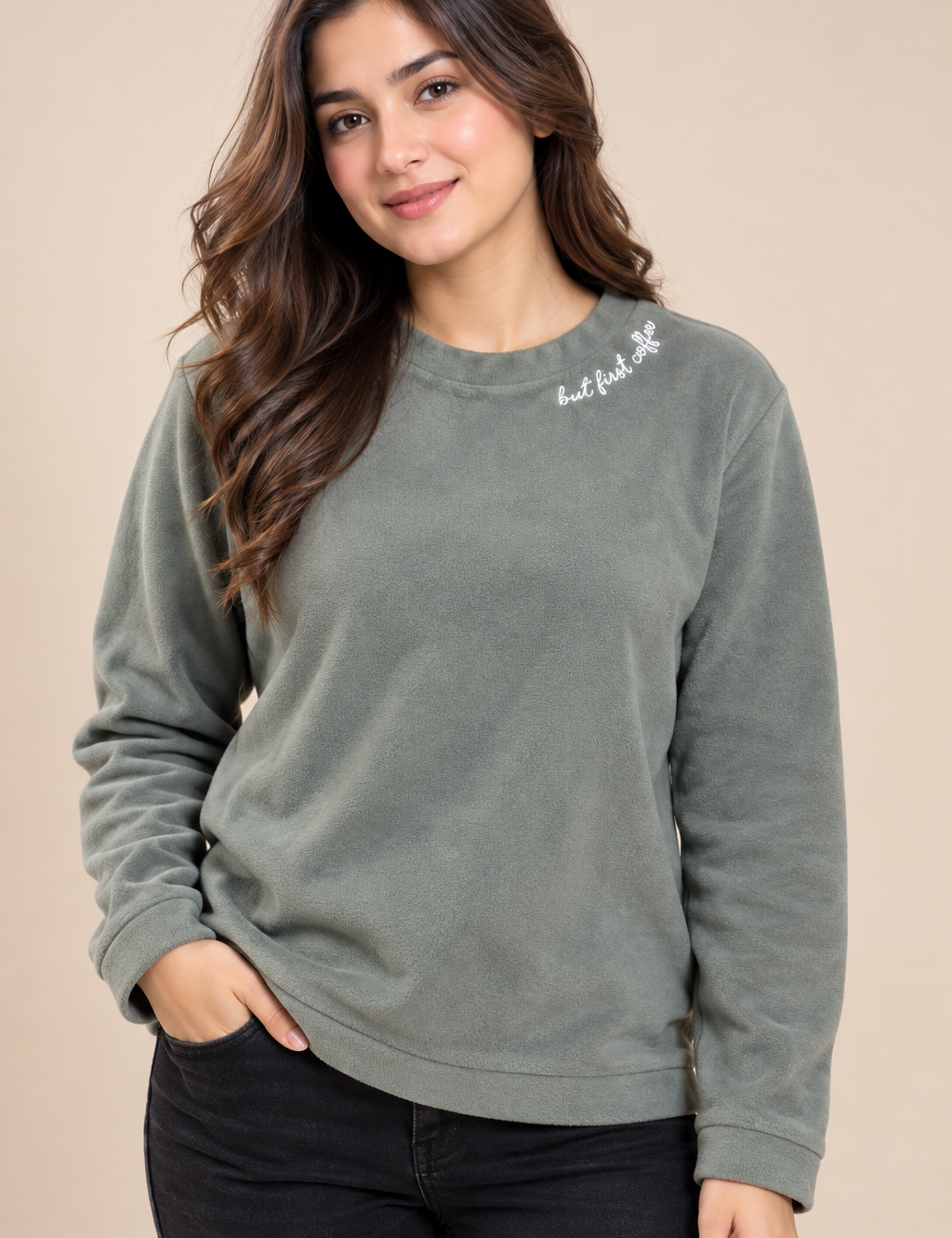  Primark women’s sage green fleece sweatshirt in UK Size S with “But First Coffee” detail. Cosy, stylish and ideal for casual everyday wear.
