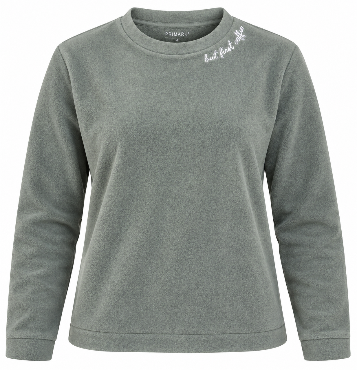  Primark women’s sage green fleece sweatshirt in UK Size S with “But First Coffee” detail. Cosy, stylish and ideal for casual everyday wear.