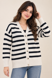 PRIMARK women’s cream and black striped cardigan in UK Size L. Stylish V-neck, button-front design in 4-star very good condition.