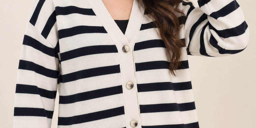 PRIMARK women’s cream and black striped cardigan in UK Size L. Stylish V-neck, button-front design in 4-star very good condition.