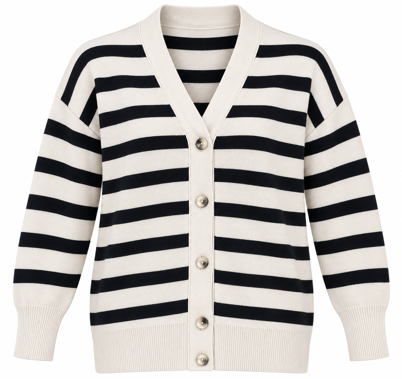  PRIMARK women’s cream and black striped cardigan in UK Size L. Stylish V-neck, button-front design in 4-star very good condition.
