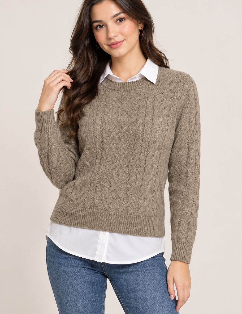 PRIMARK women’s taupe cable knit jumper in UK Size M, featuring a textured design, long sleeves and stylish layered white collared shirt look.