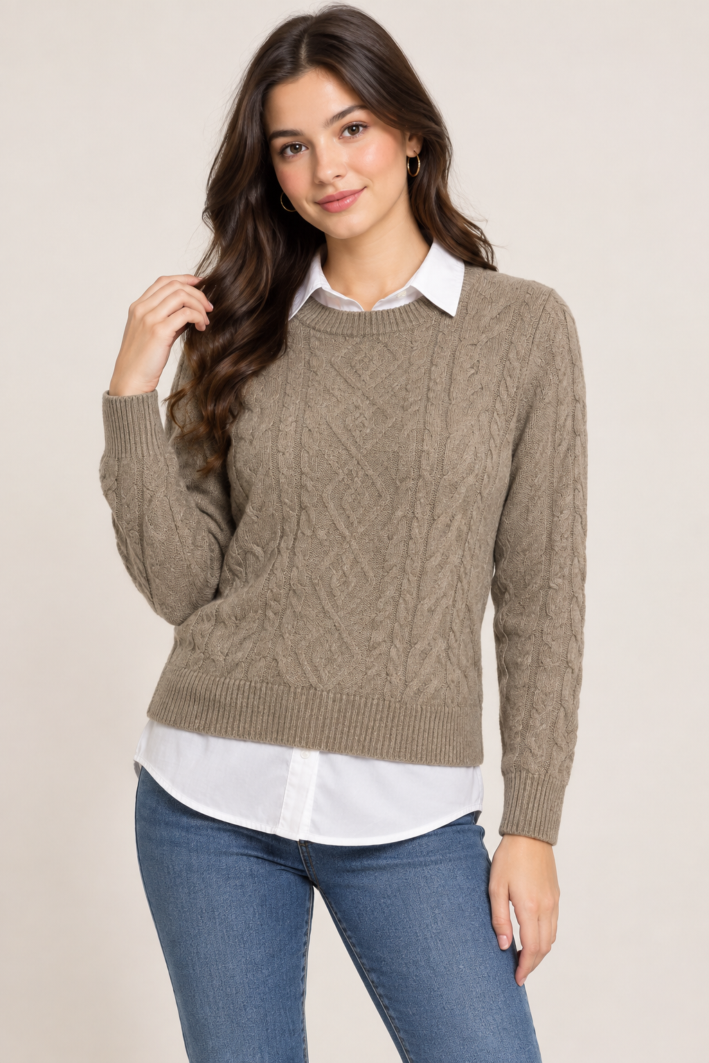  PRIMARK women’s taupe cable knit jumper in UK Size M, featuring a textured design, long sleeves and stylish layered white collared shirt look.