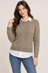 PRIMARK Women Taupe Cable Knit Jumper with White Collared Shirt