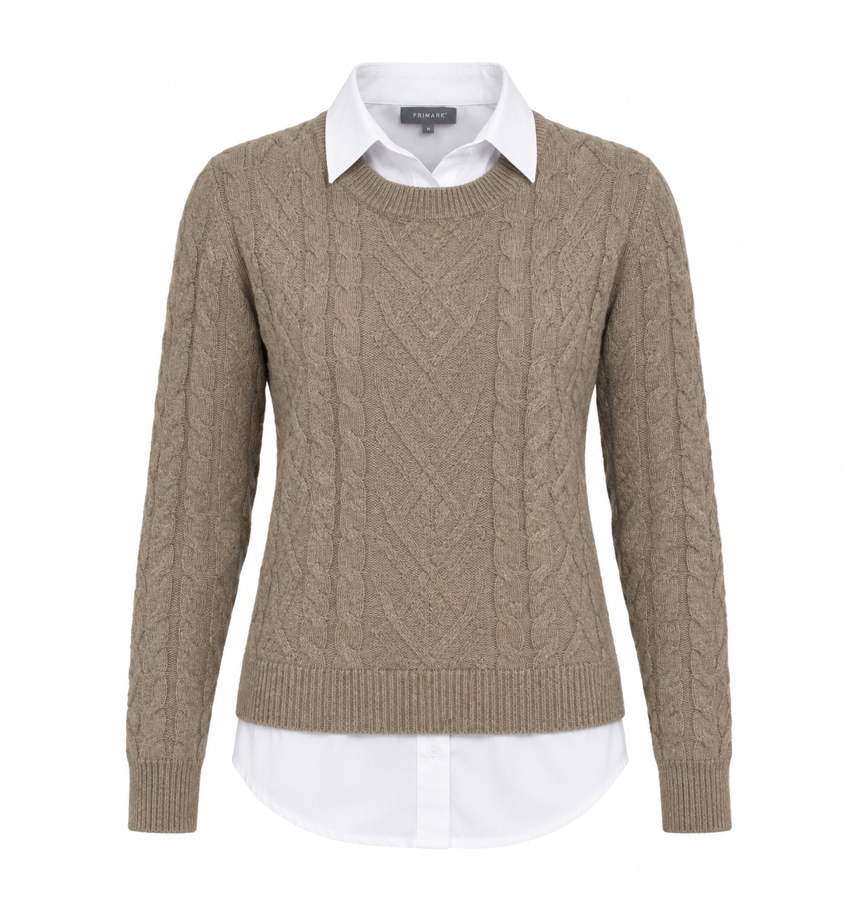  PRIMARK women’s taupe cable knit jumper in UK Size M, featuring a textured design, long sleeves and stylish layered white collared shirt look.