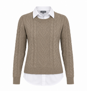  PRIMARK women’s taupe cable knit jumper in UK Size M, featuring a textured design, long sleeves and stylish layered white collared shirt look.