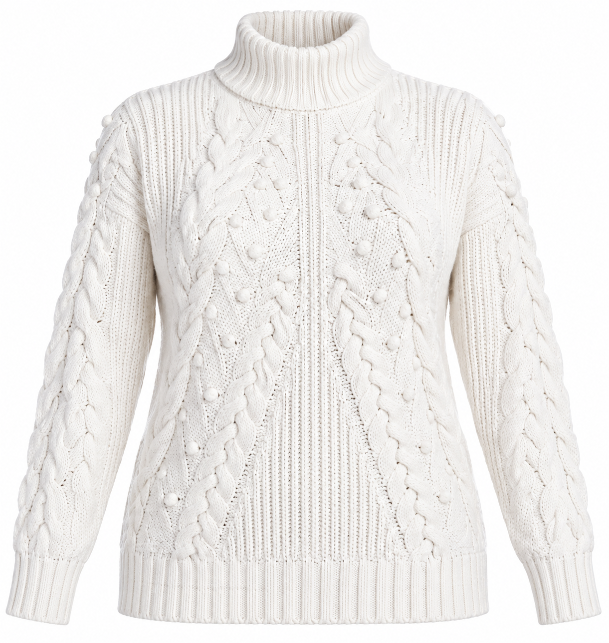 PRIMARK Women’s White Cable Knit Turtleneck Jumper in UK Size M. Cozy textured knit with long sleeves and ribbed detailing, ideal for winter wear.