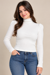 Primark Women White Ribbed High Neck Puff Sleeve Jumper
