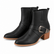  PRIMARK Women's Black Buckle Block Heel Ankle Boots featuring a stylish western buckle detail, side zip closure, and comfortable block heel. Perfect for everyday and smart casual outfits.