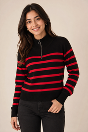  Primark women’s black and red striped half-zip knit sweater, UK size S. Stylish, comfortable and perfect for casual everyday wear.