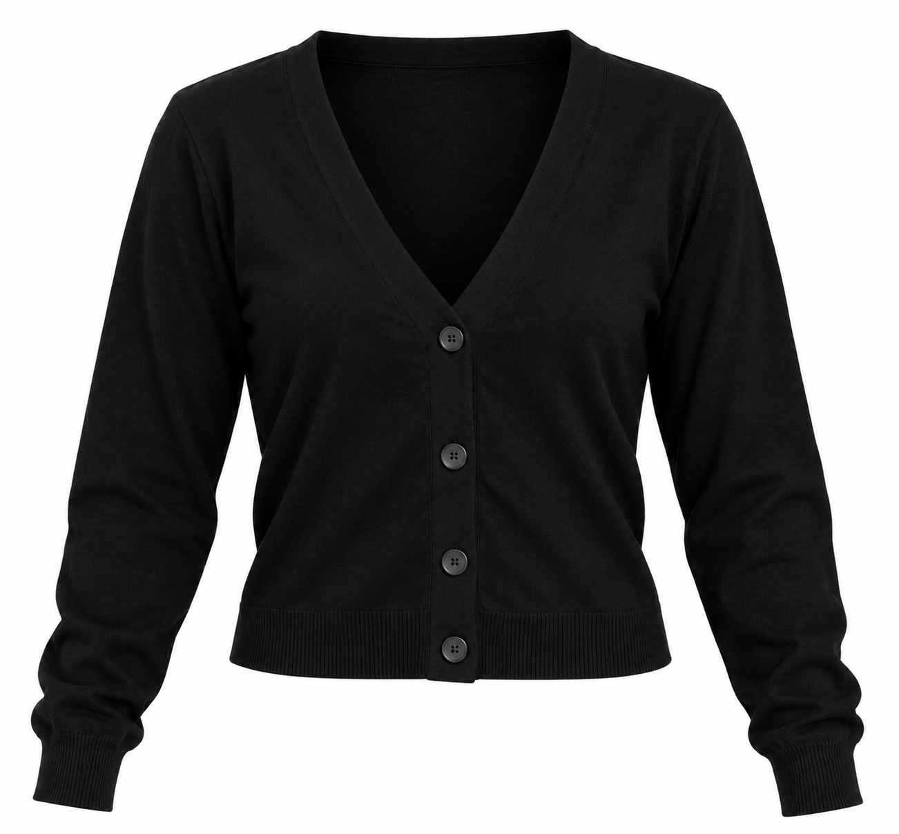 PRIMARK women’s black V-neck button cardigan in UK Size L. Classic long-sleeve design with 4-button front and ribbed hem, ideal for everyday layering.