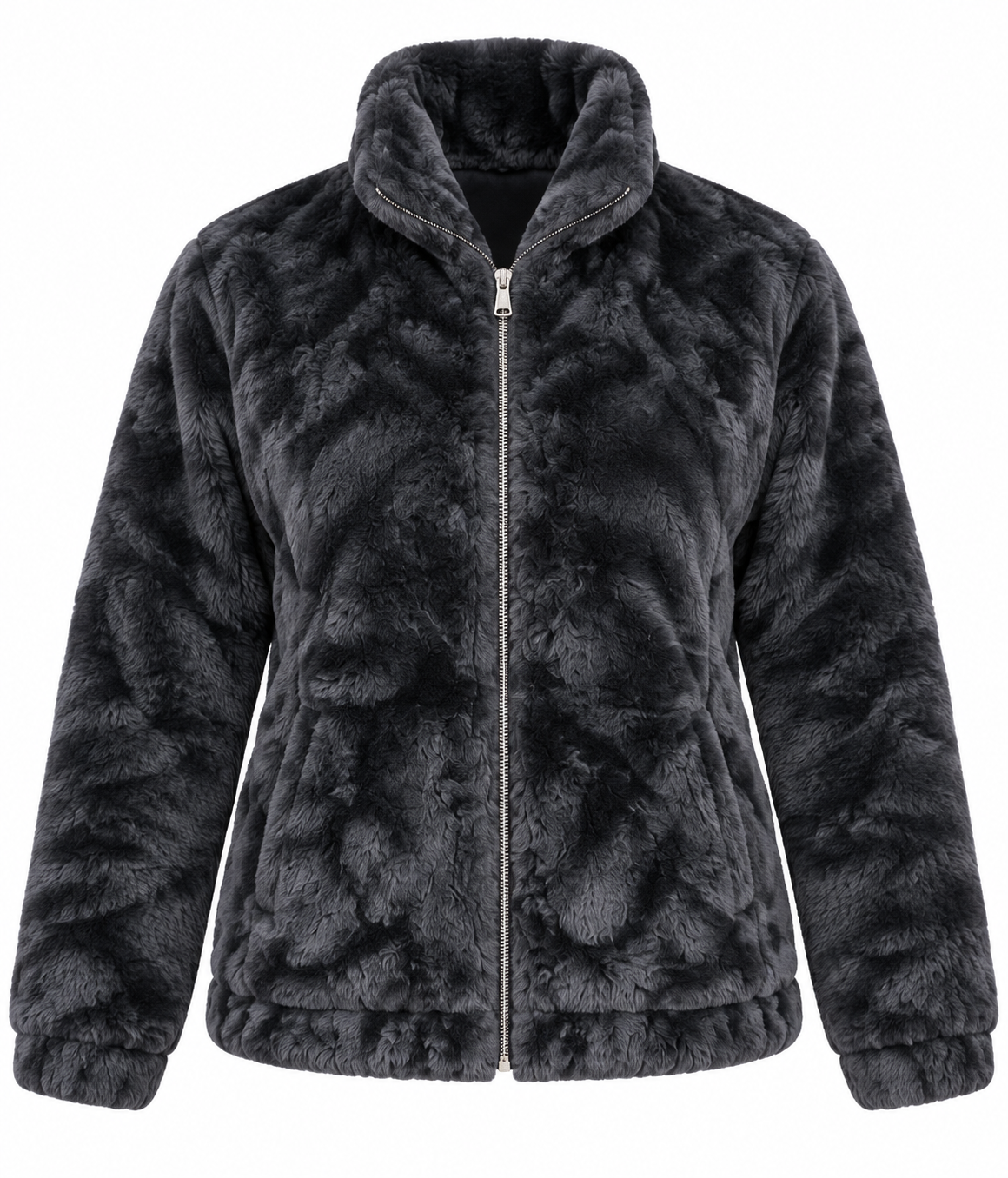  PRIMARK Women's Charcoal Grey Faux Fur Zip-Up Jacket in UK Size L. Soft plush texture, cosy raised collar and stylish winter design.