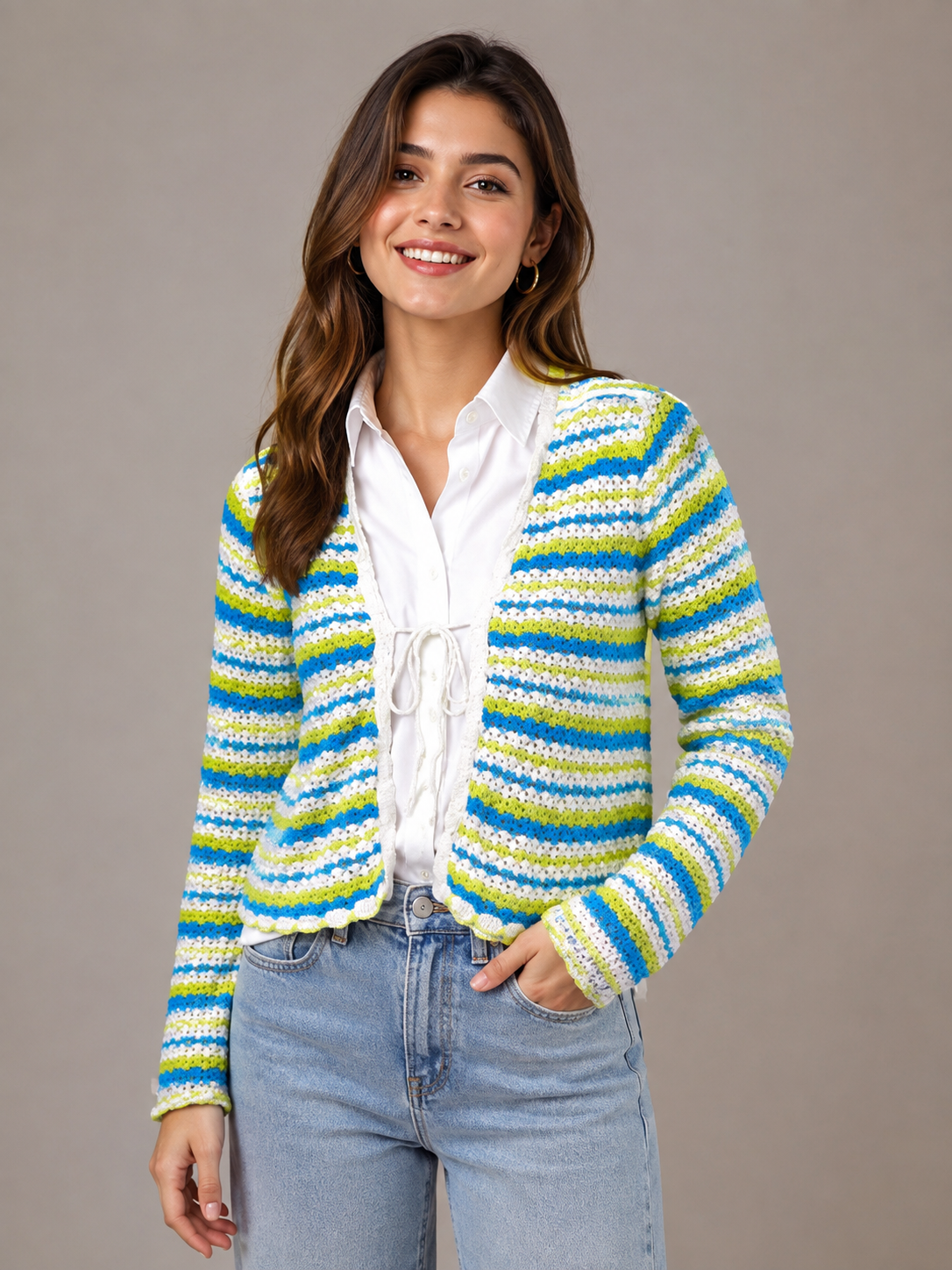 PRIMARK women's cropped striped crochet cardigan in UK Size S. Blue, lime green and white design with long sleeves and tie detail, perfect for casual layering.