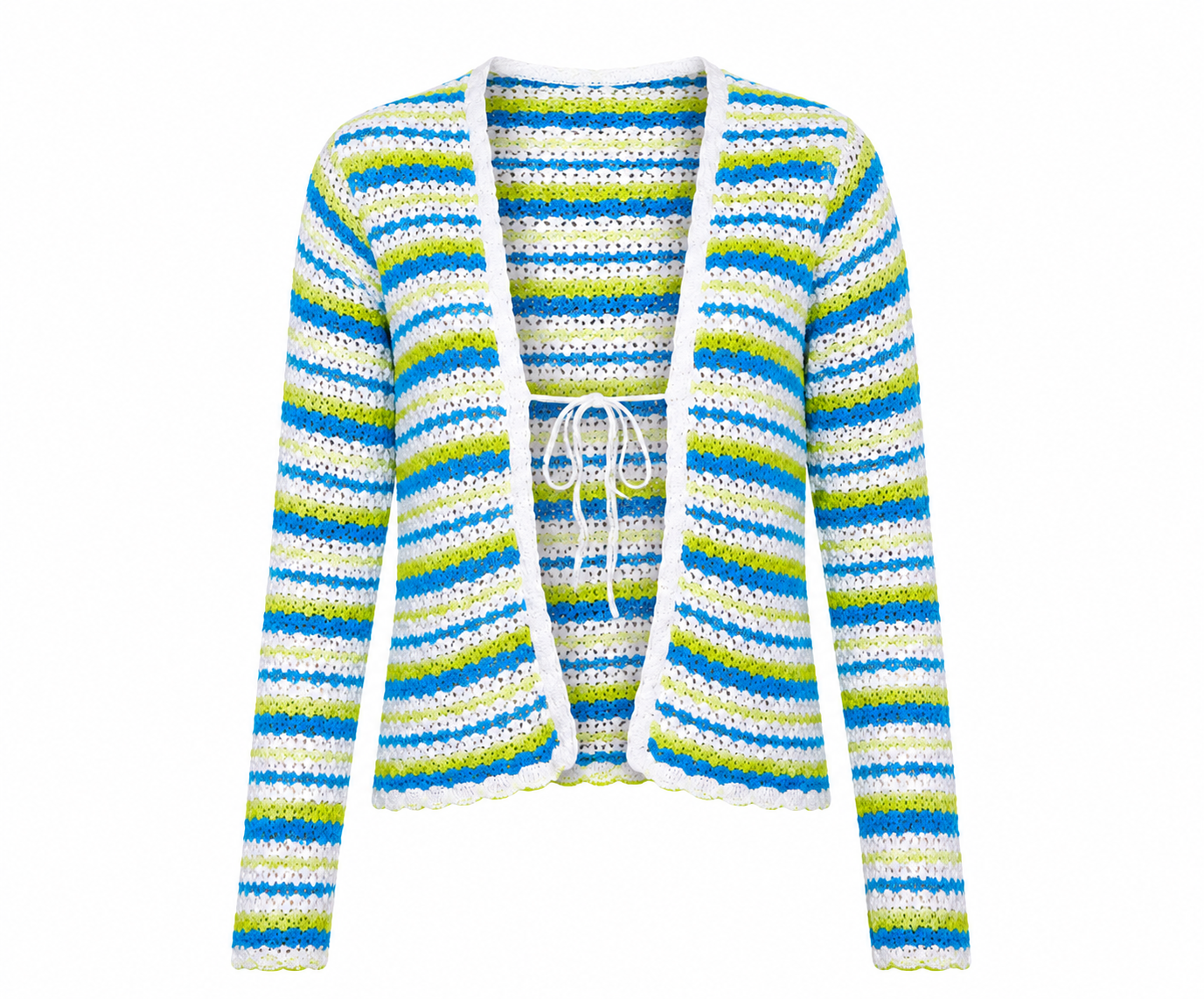 PRIMARK women's cropped striped crochet cardigan in UK Size S. Blue, lime green and white design with long sleeves and tie detail, perfect for casual layering.