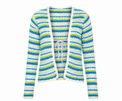 PRIMARK women's cropped striped crochet cardigan in UK Size S. Blue, lime green and white design with long sleeves and tie detail, perfect for casual layering.