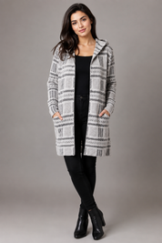 PRIMARK women's grey and black patterned hooded knit cardigan in UK size 2XS. Short-length design with pockets, long sleeves and cozy everyday style.