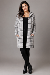 PRIMARK Women's Grey & Black Patterned Hooded Knit Cardigan