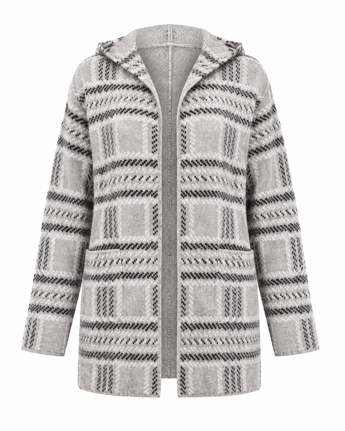 PRIMARK women's grey and black patterned hooded knit cardigan in UK size 2XS. Short-length design with pockets, long sleeves and cozy everyday style.