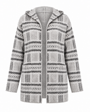 PRIMARK women's grey and black patterned hooded knit cardigan in UK size 2XS. Short-length design with pockets, long sleeves and cozy everyday style.