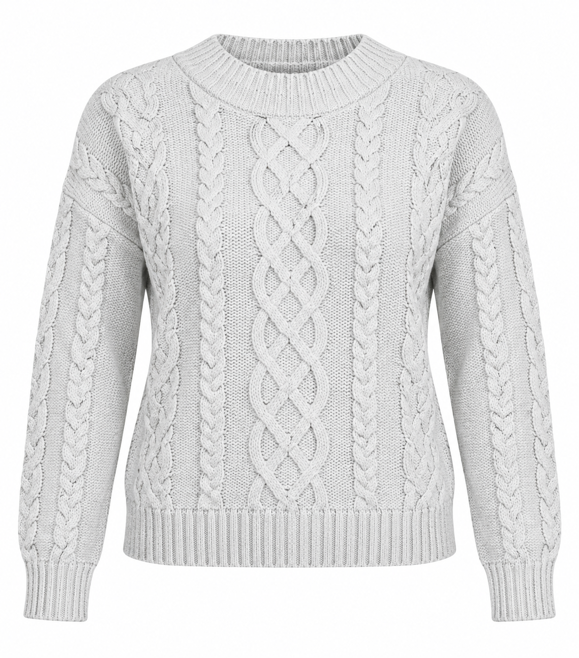  PRIMARK Women's Grey Cable Knit Cropped Jumper in UK Size L. Stylish crew neck knitwear with 21-inch chest and 17-inch length.

