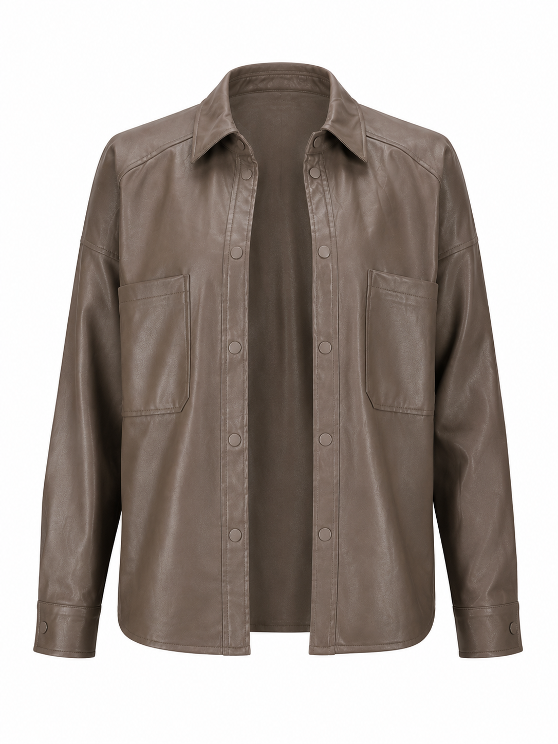  PRIMARK women’s taupe-brown leather shirt jacket in UK size 14. Stylish long-sleeve overshirt with front buttons, collar, cuff details and practical pockets.