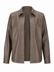  PRIMARK women’s taupe-brown leather shirt jacket in UK size 14. Stylish long-sleeve overshirt with front buttons, collar, cuff details and practical pockets.