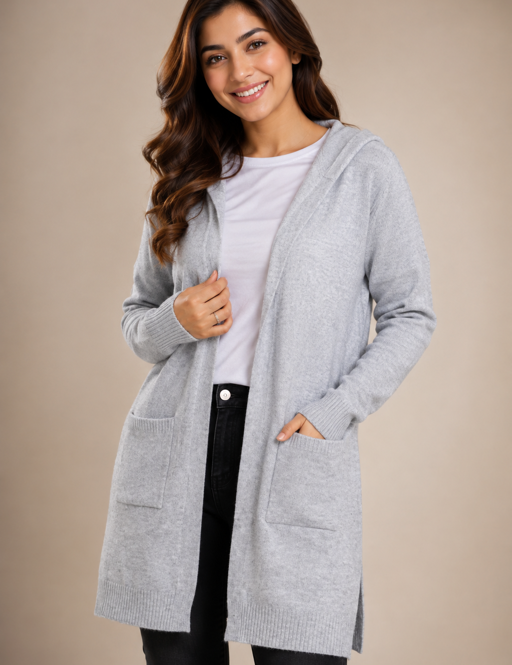 Primark women’s light grey hooded knit cardigan, UK size L. Longline open-front design with pockets, ribbed cuffs and hem. Perfect for layering.