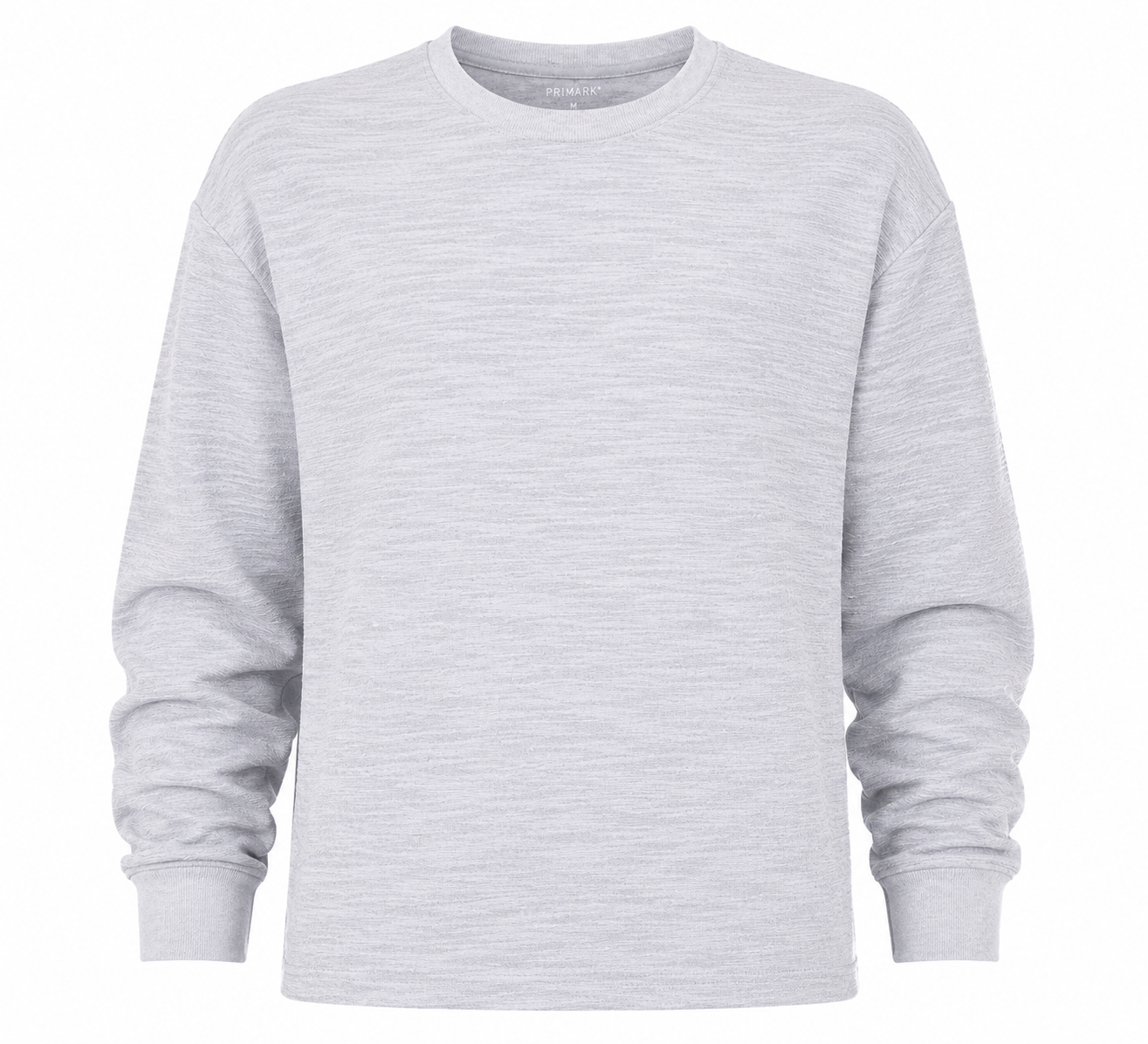  PRIMARK Women's Light Grey Crew Neck Sweatshirt featuring a soft textured fabric, relaxed fit, and long sleeves. Perfect for everyday casual wear.