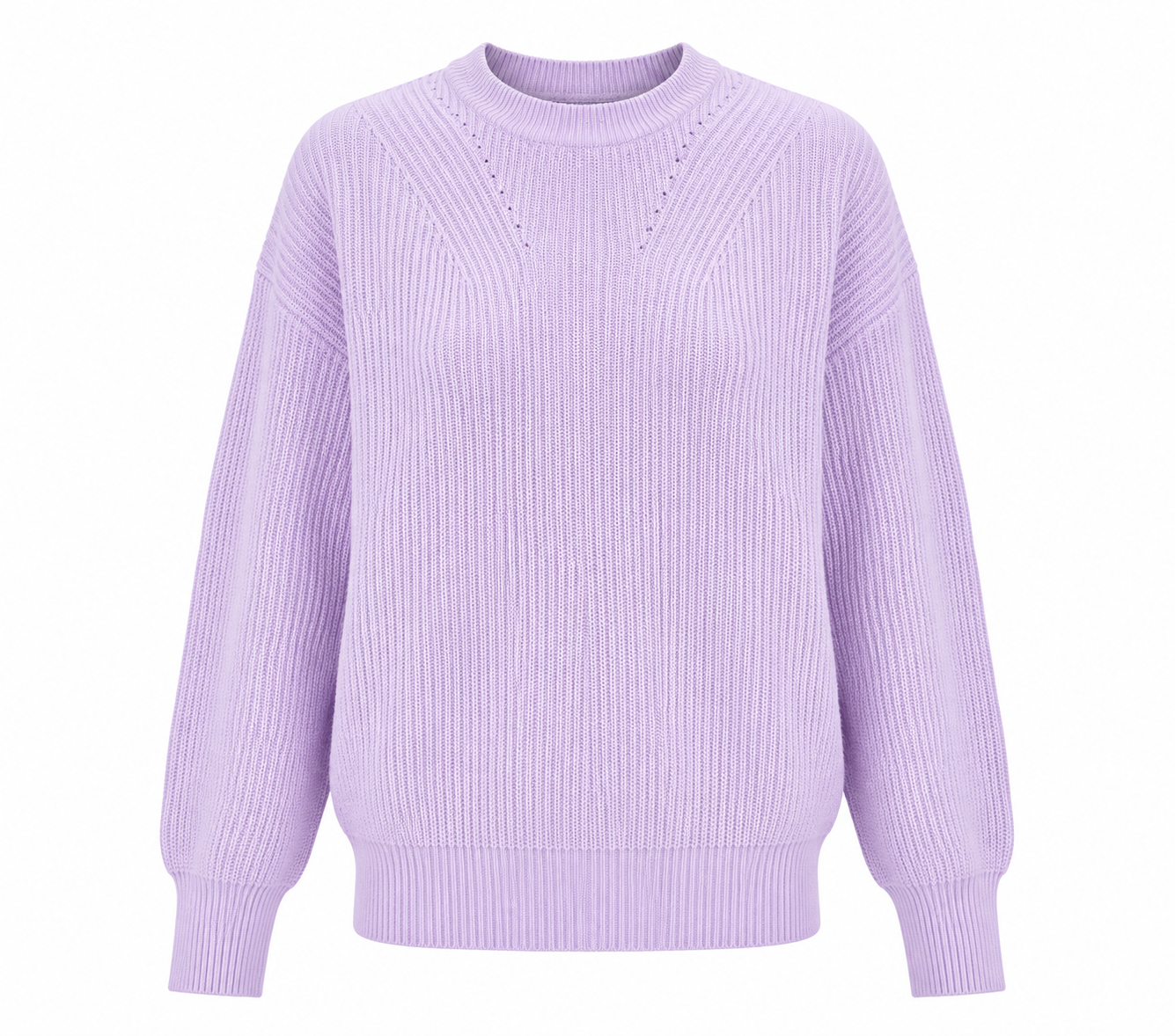  Primark women's lilac ribbed knit sweater with a classic crew neck and comfortable fit. A versatile pastel purple jumper perfect for casual everyday styling.
