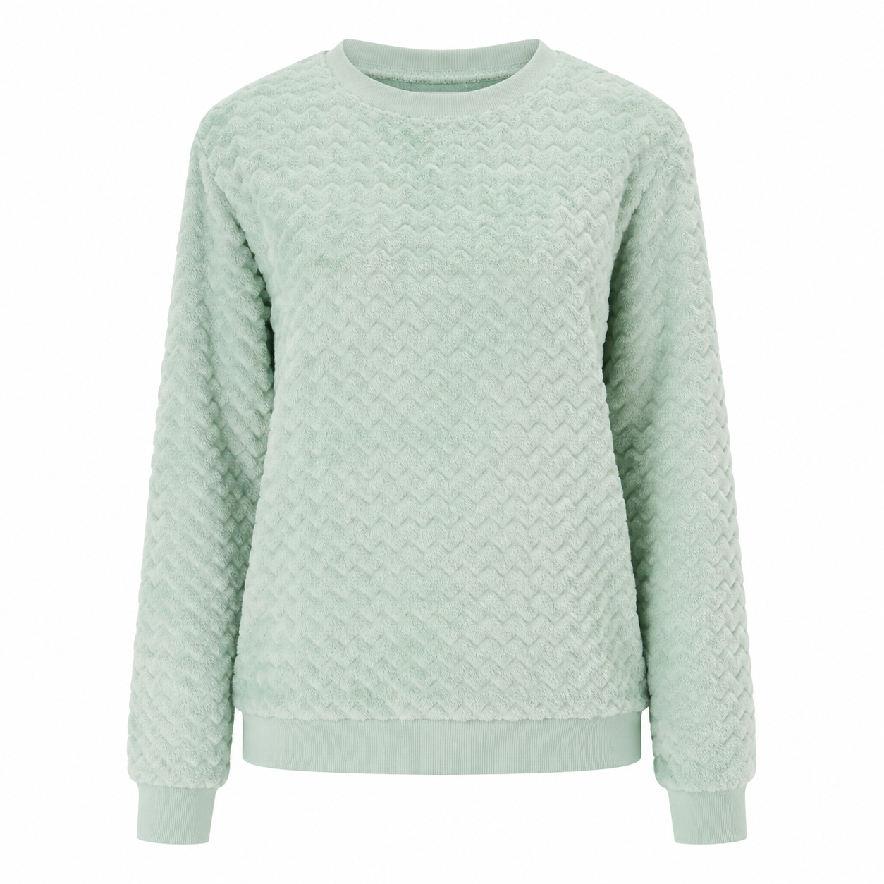 PRIMARK women's mint green textured sweatshirt in UK size M with a crew neck, long sleeves, chevron-style texture and ribbed trims. Perfect for casual everyday styling.