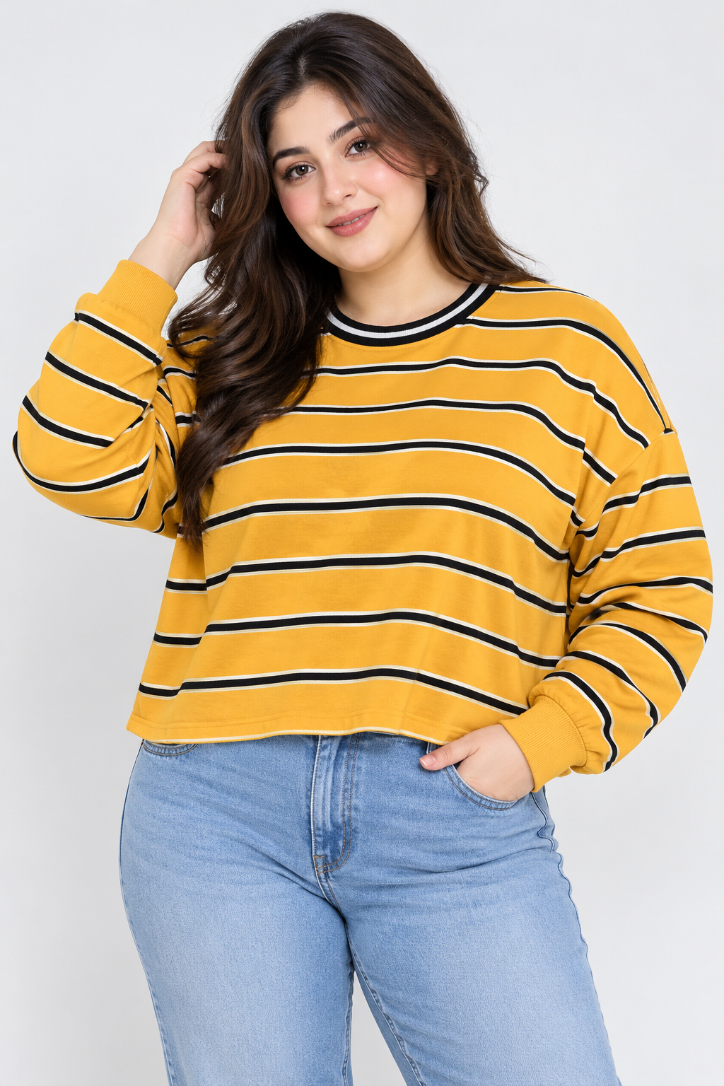  Primark Women's Mustard Yellow Striped Cropped Sweatshirt in UK Size XS. Stylish long sleeve crew neck casual top, perfect for everyday fashion.
