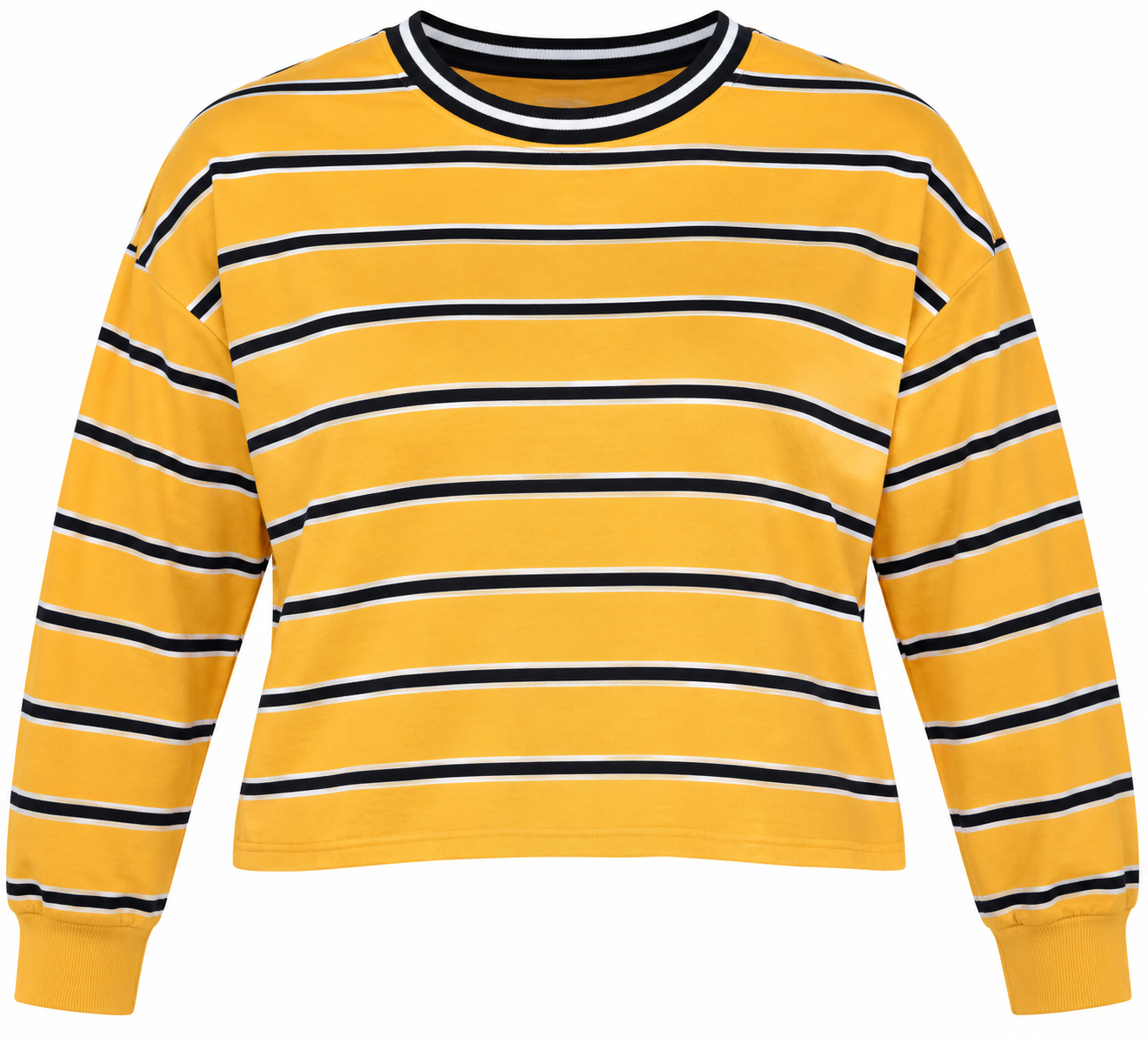 Primark Women's Mustard Yellow Striped Cropped Sweatshirt in UK Size XS. Stylish long sleeve crew neck casual top, perfect for everyday fashion.