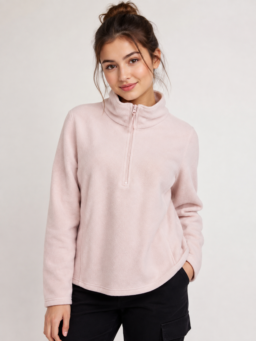 Primark women's pale pink fleece pullover in UK size L. Soft, cosy quarter-zip design with high neck and relaxed fit, perfect for casual winter layering.