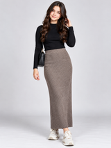Primark Women's Taupe Grey Ribbed Knit Maxi Skirt with Back Slit