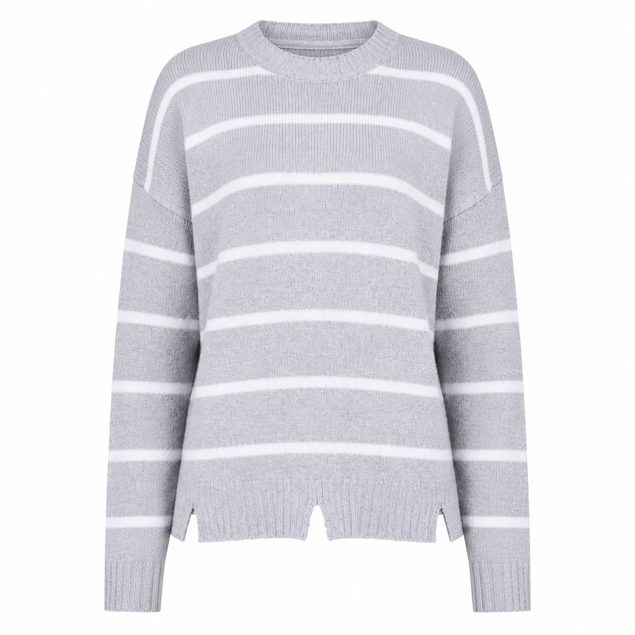  Principles girls’ light grey striped knitted jumper, UK Size 8. Long-sleeve crew neck sweater with classic white stripes, perfect for casual wear.