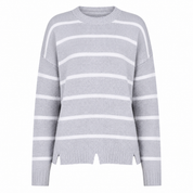  Principles girls’ light grey striped knitted jumper, UK Size 8. Long-sleeve crew neck sweater with classic white stripes, perfect for casual wear.