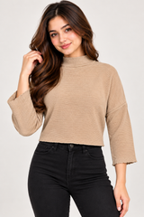 PRINCIPLES Women Beige Ribbed High Neck Cropped Jumper