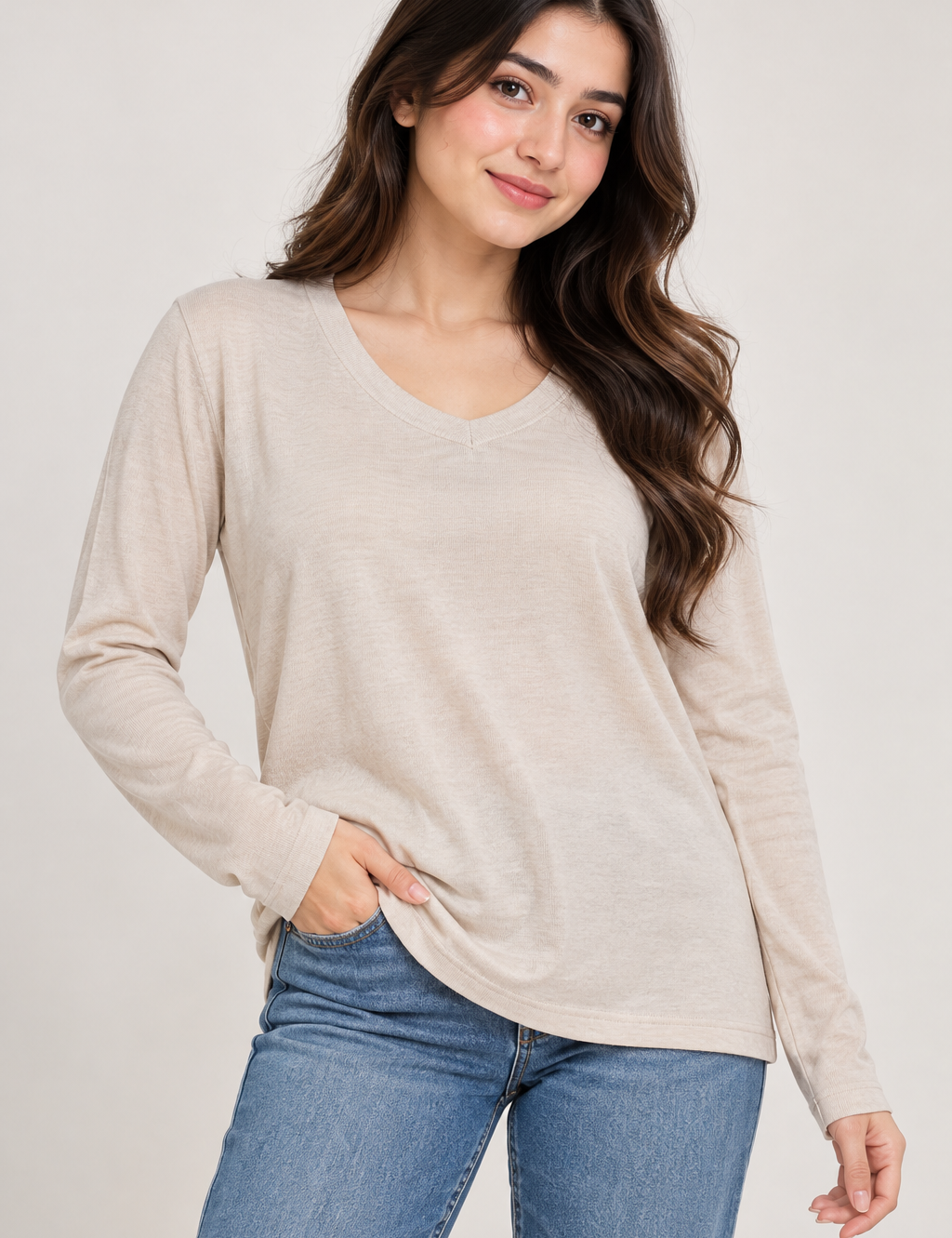 Principles women’s cream ribbed V-neck long sleeve top, UK Size M. A versatile and stylish everyday essential for casual and smart-casual outfits.