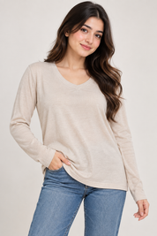 Principles women’s cream ribbed V-neck long sleeve top, UK Size M. A versatile and stylish everyday essential for casual and smart-casual outfits.