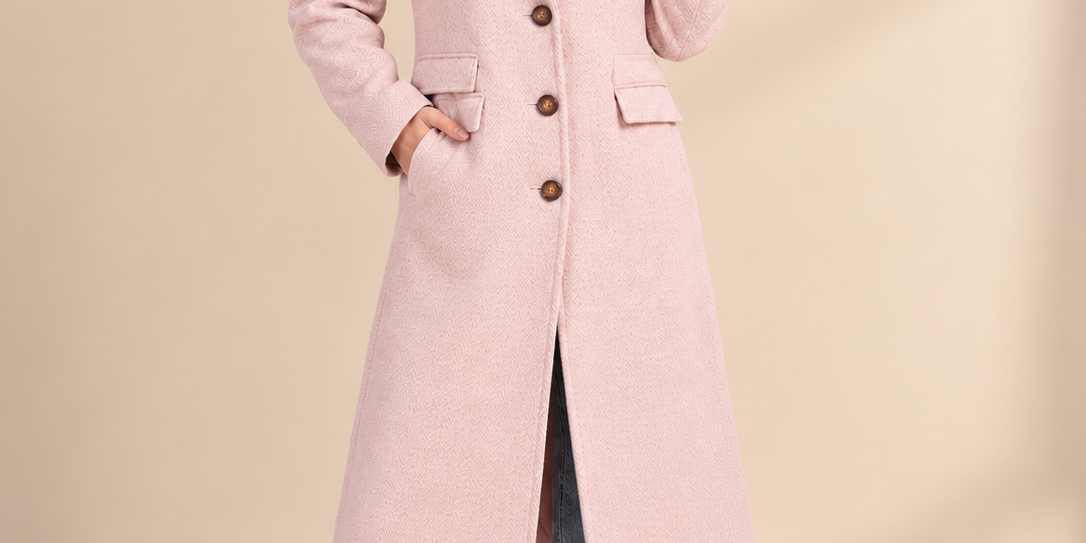 PRINCIPLES Women's Light Pink Textured Long Coat in UK Size S. Features 3-button fastening, 2 flap pockets, 17" chest and 39" length.