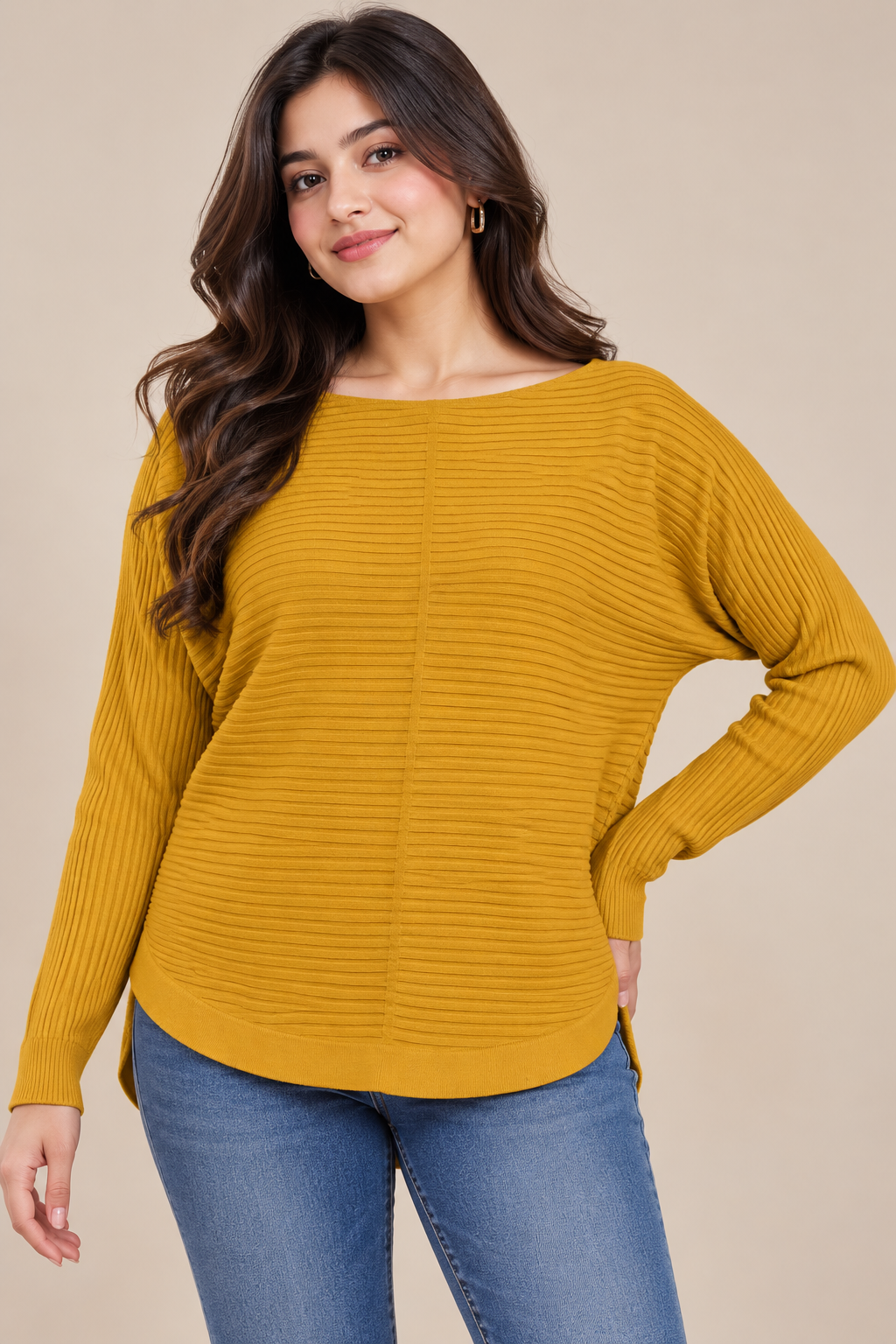 Principles women’s mustard ribbed knit jumper in UK Size L. Stylish relaxed fit with long sleeves, curved hem and textured knit design.