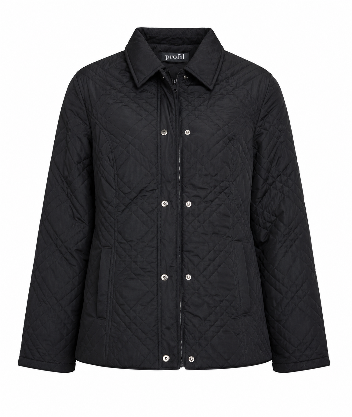 PROFILE Women’s Black Quilted Jacket in UK Size 20. Featuring diamond stitching, padded design, zip and snap fastening, collar and practical pockets.