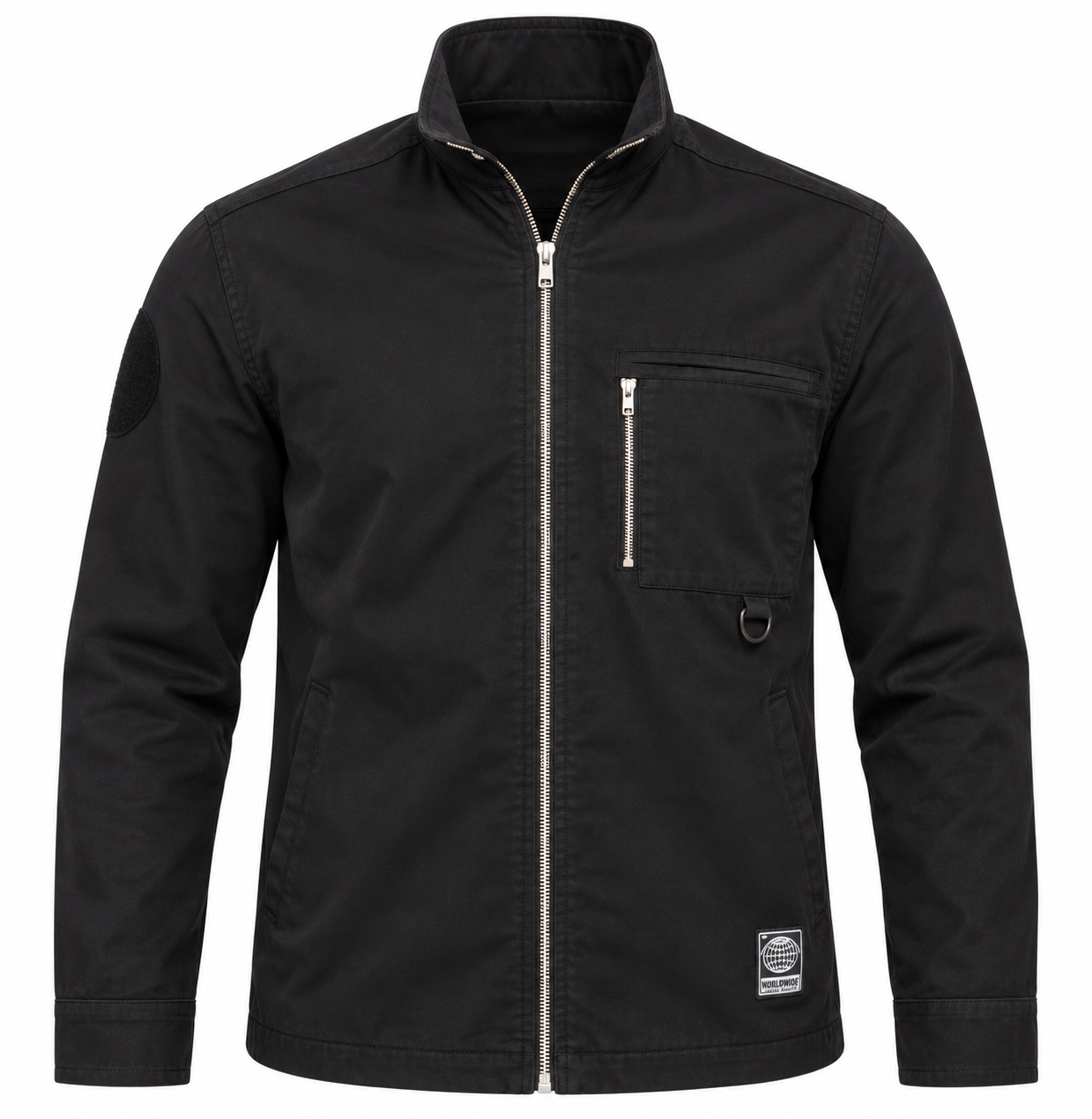 PULL&BEAR men’s black utility zip jacket in UK Size L. Stylish stand collar, zipped chest pocket and practical utility detailing for everyday wear.