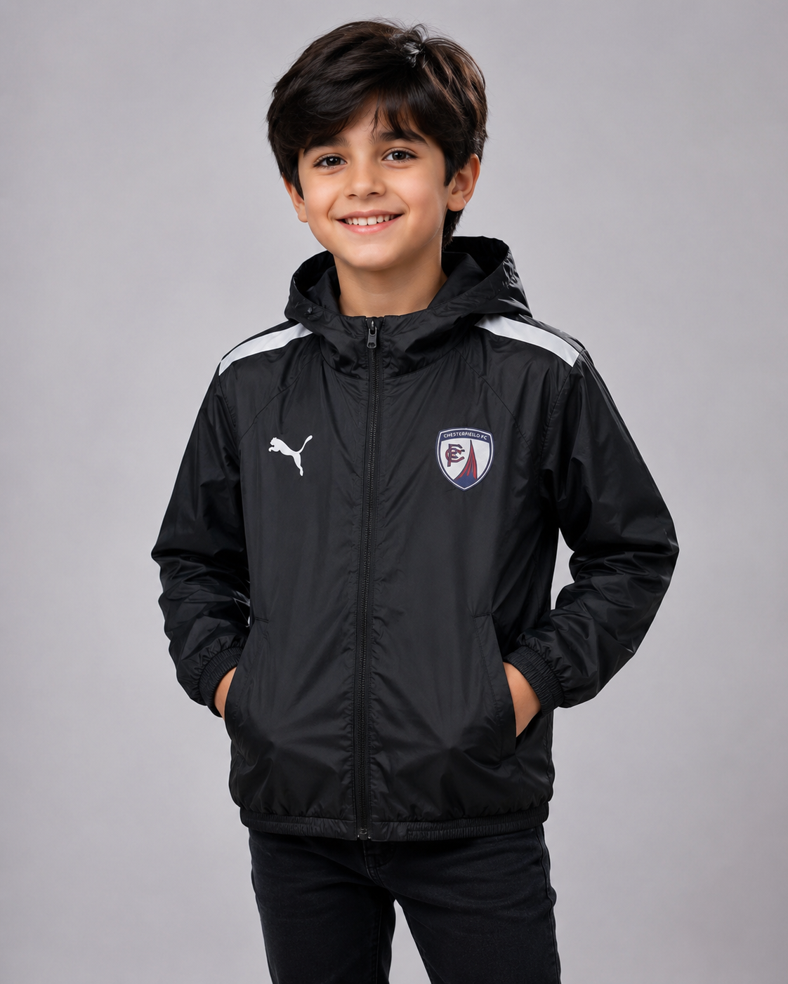  Puma Boys Black Hooded Track Jacket in UK Size 9–10 Years. Stylish football-inspired design with hood, zip fastening, pockets and sporty detailing.
