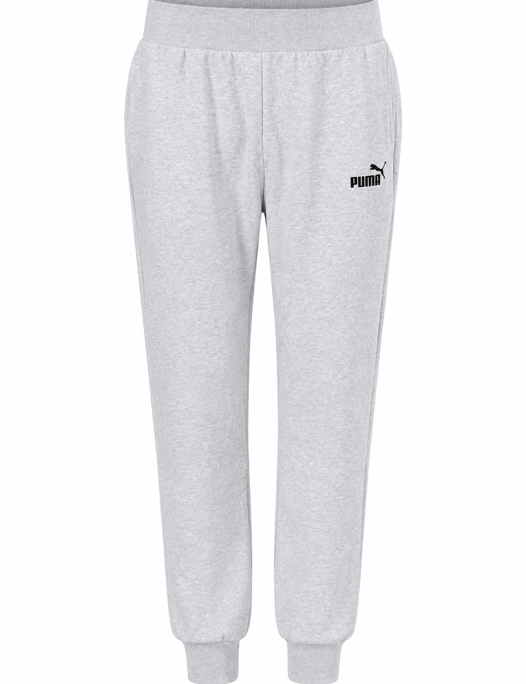  PUMA Men's Light Grey Fleece Joggers featuring a soft cotton-blend fabric, elastic waistband, ribbed cuffs, and iconic logo. Comfortable sweatpants perfect for casual wear, workouts, and everyday style.