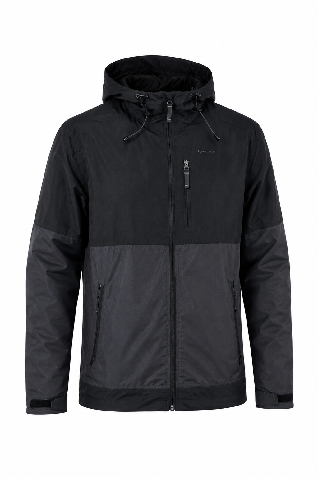  QUECHUA men’s hooded outdoor jacket in black and charcoal, UK size L. Features adjustable hood, zipped pockets and versatile outdoor styling.