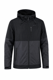  QUECHUA men’s hooded outdoor jacket in black and charcoal, UK size L. Features adjustable hood, zipped pockets and versatile outdoor styling.