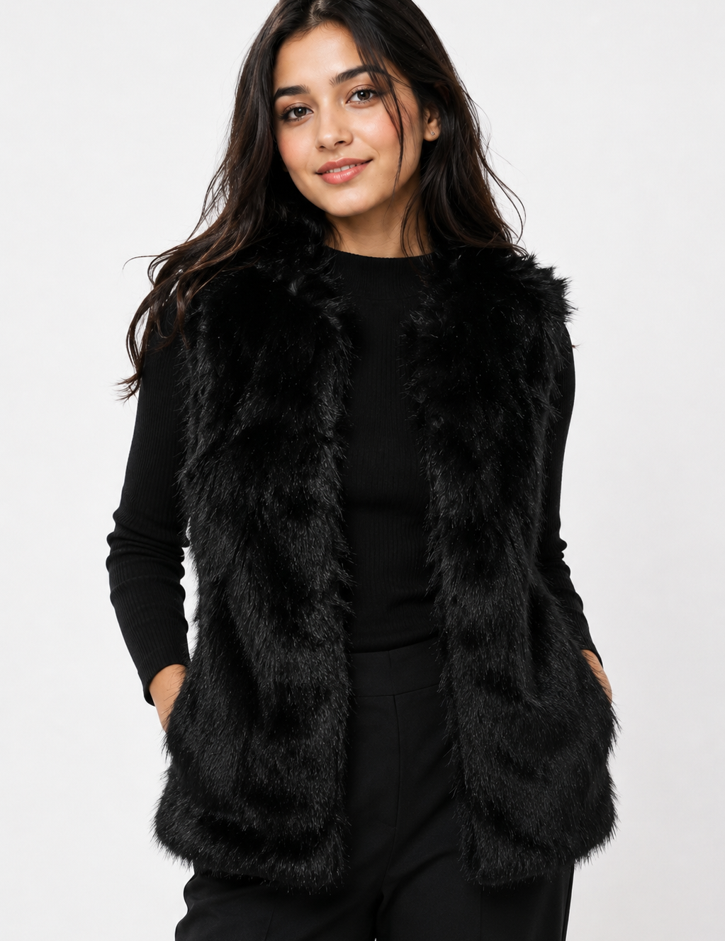 QUIZ Women’s Black Faux Fur Gilet Vest in UK Size 12. Stylish, soft and versatile sleeveless faux-fur vest, perfect for layering and winter outfits.